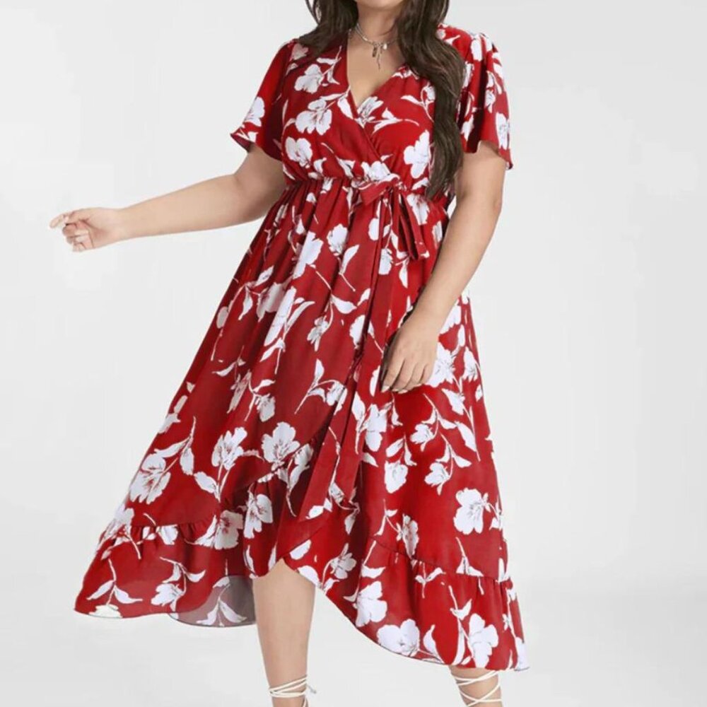 BloomChic Gorgeous Side Knot Ruffle Dress in Red Floral Print